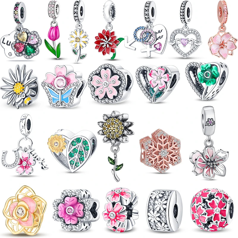 

New 925 Silver Flower Series Sunflower Snowflower Tulip Charm Dangle Fit Original Pandora Bracelet Women Jewelry Wedding Gift