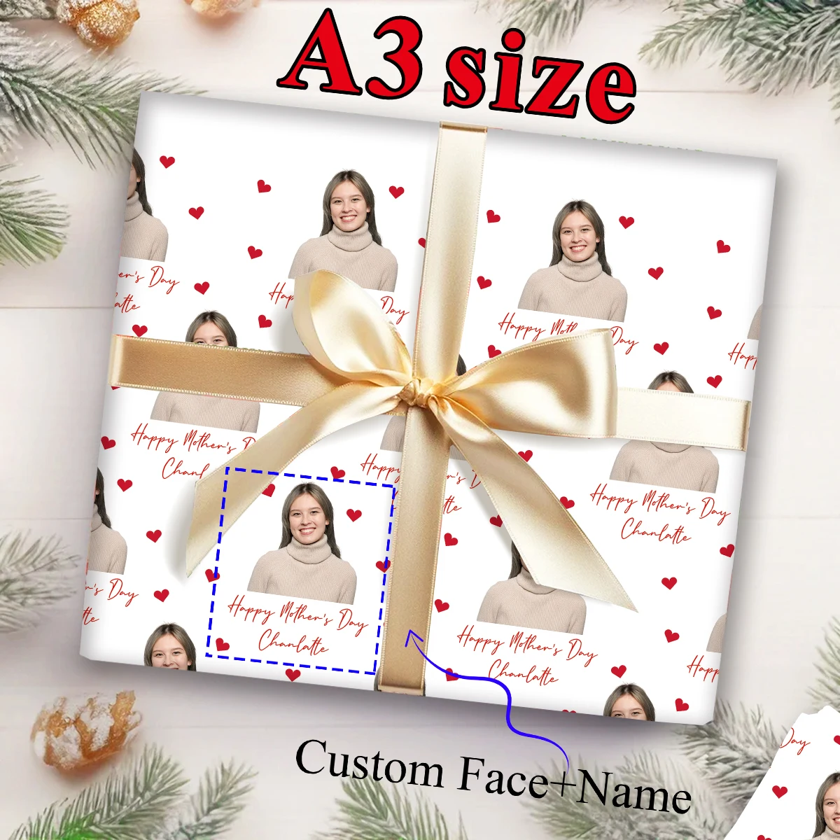 3 Stück personalisiertes Geschenkpapier zum Muttertag, individuelles Gesicht + Name, zum Verpacken von Blumen, Schachteln, handgemachten Geschenken, Geburtstagsüberraschungen