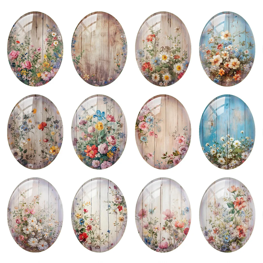 Random Mixed Round/Oval/Square Wild Plants Flower Wooden Wall Photo Glass Cabochon Flatback Demo Cameo For Diy Jewelry Making