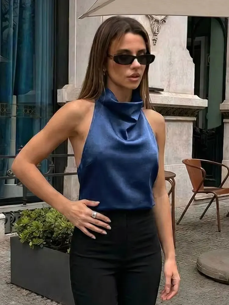 HH Sommer Damen Casual Einfarbiges Satin-Neckholder-Top Sexy Rückenfreies Schulterfreies Crop-Top Elegantes Party-Urlaubs-Chic-Oberteil