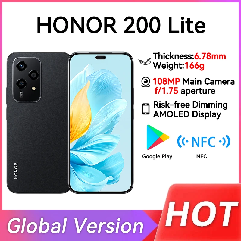 글로벌 버전 HONOR 200 라이트 5G 스마트폰, Mediatek Dimensity 6080, 6.7 인치, 90Hz AMOLED 디스플레이, 256GB ROM, 108MP 메인 카메라, 신제품 