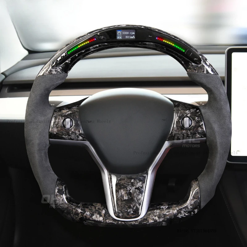 Suitable for Tesla 3/Y suede forged carbon fiber smart component LED car steering wheel modification