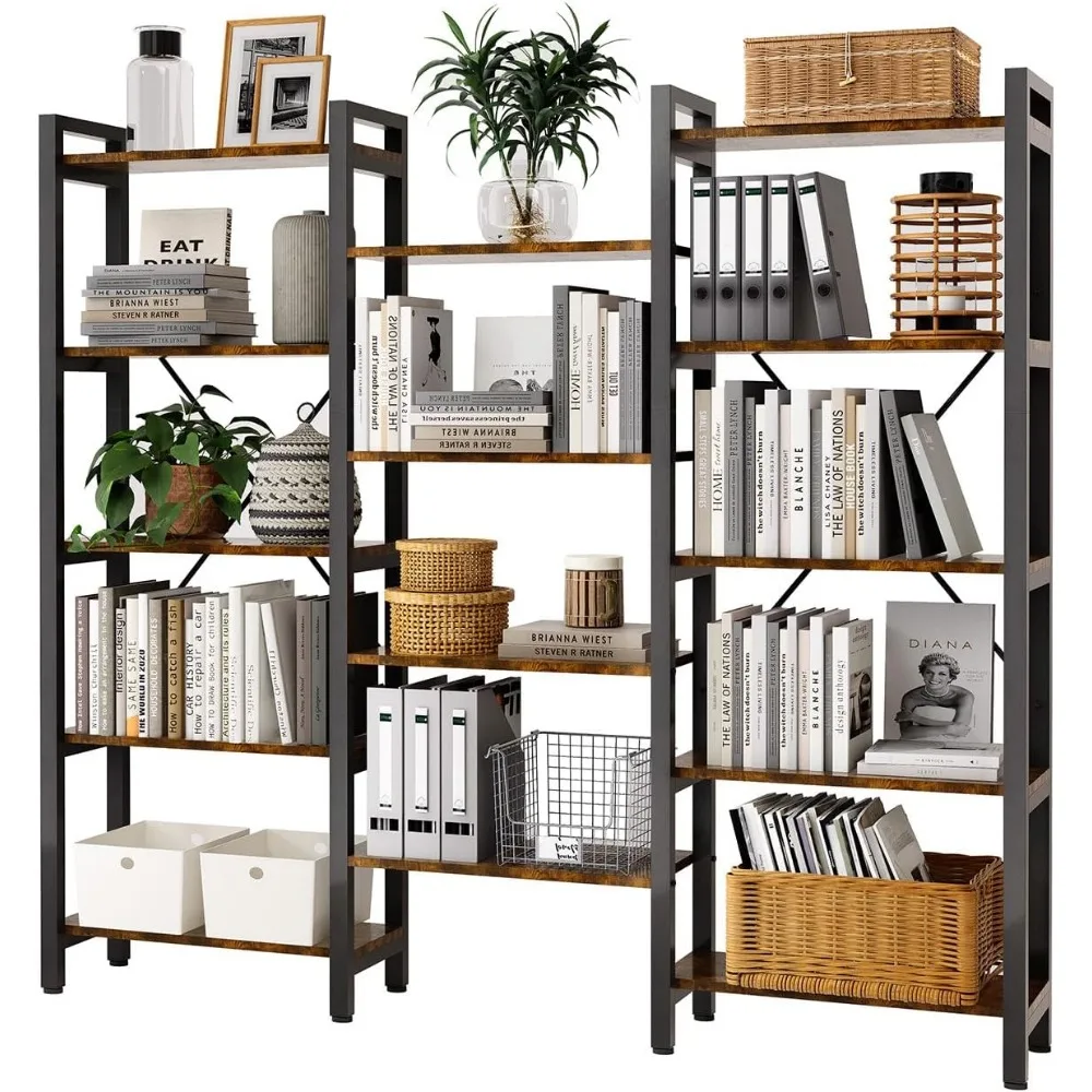

Triple Wide 5-Shelves Corner Bookcase Industrial Vintage Wood Style Large Open Bookshelves for Home & Office (Brown, 5-Tier)