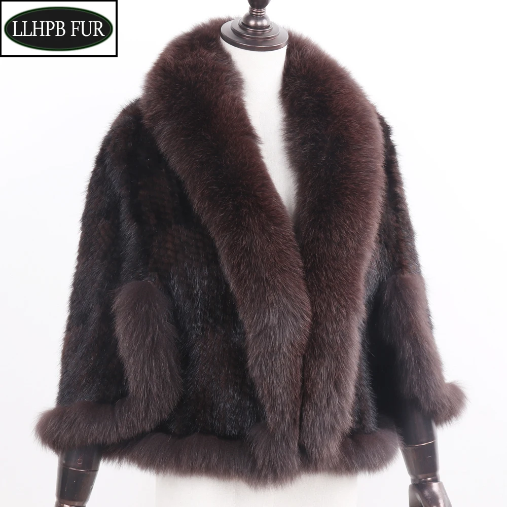 

New Real Natural Mink Fur Pashmina Women Fashion Knitted Mink Fur Scarf Lady Real Mink Fur And Fox Fur Collar Poncho Shawl