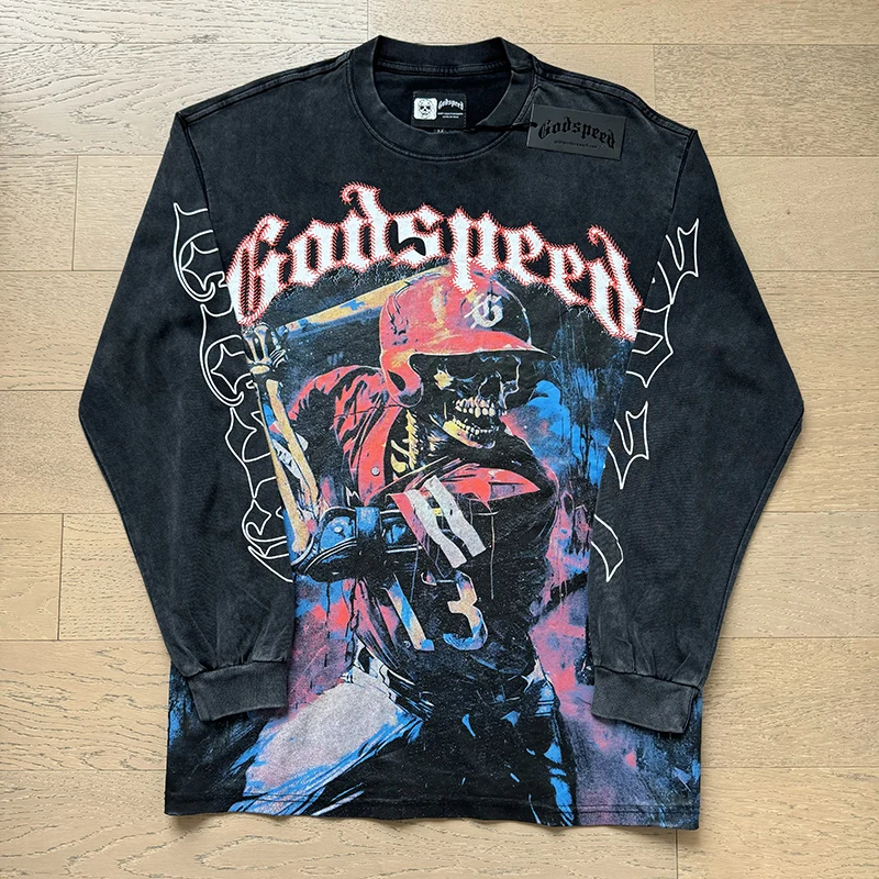 

Real Photo Godspeed T-shirt Long-sleeved Washed Black Baseball Boy Print Retro Hip-hop Style Men's and Women's Top T-shirt
