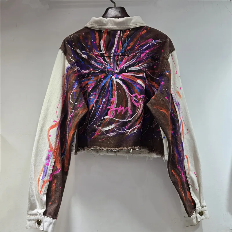 Fashion Hand-Painted Graffiti Print Apricot Short Denim Jacket Women Autumn New Lapel Single-Breasted Long Sleeve Cowboy Outwear