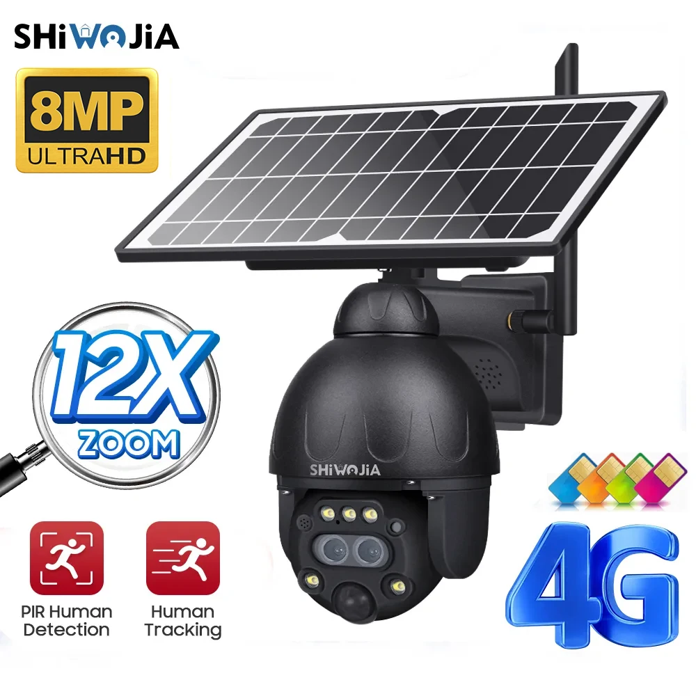 

SHIWOJIA 8MP 4K 4G Solar Camera WIFI Outdoor 12X ZOOM Solar Panel Security Camera Night Vision PIR Human Detection Surveillance