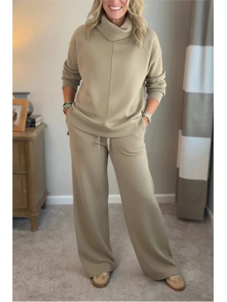 

Autumn Winter Commuter Women's Two-piece Set Fashion Solid Color Turtleneck Long-sleeved Loose Sweatshirt With Casual Pants Suit
