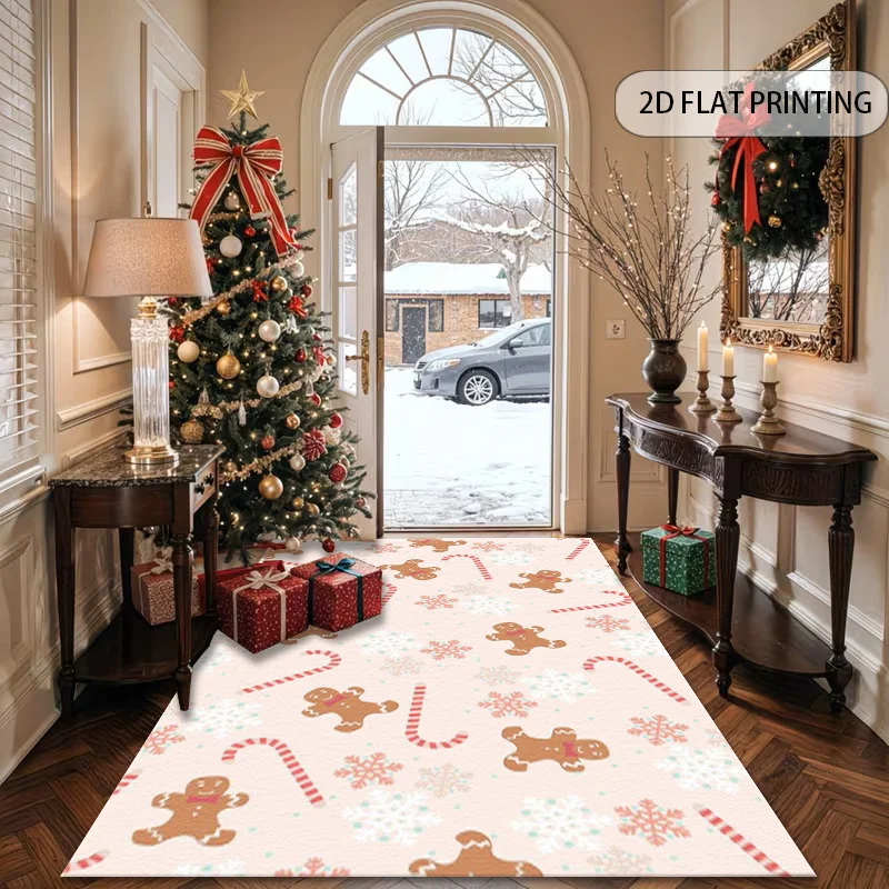 1pc 2D Flat Christmas Gingerbread Man Candy Cane Snowflake Printed Floor Mat, Decorative Rug for Living Room, Bedroom