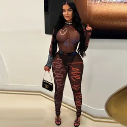 Sexy Print See Through Mesh Two Piece Set Women Outfit 2024 Nightclub Party Long Sleeve Bodysuit Top and Leggings Matching Sets