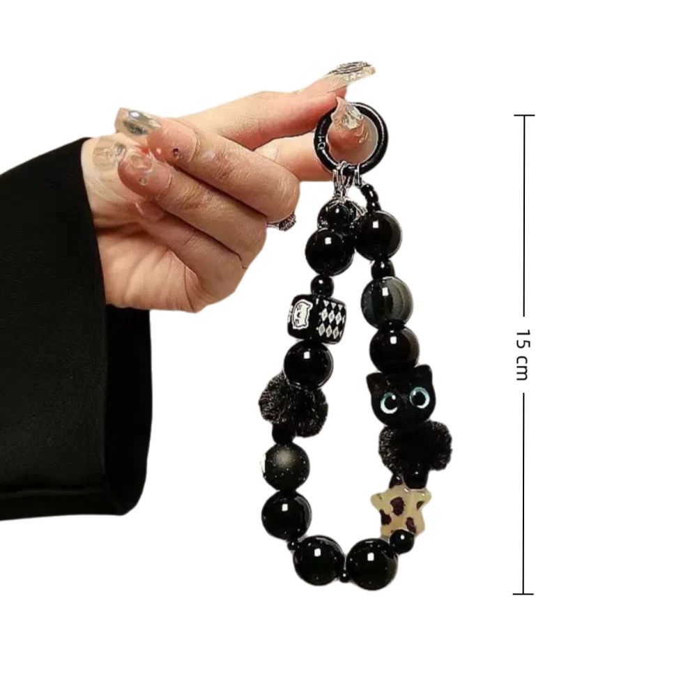 Tali Gantungan Ponsel Premium Hitam Motif Kartun Kucing Boneka Plush Anti Hilang Desain Gelang Manik-Manik Gantungan Kunci Mobil Aksesoris Tas