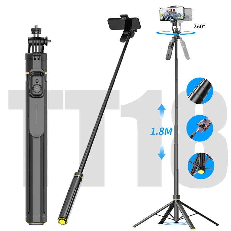 

TT18 Extendable Bluetooth Selfie Stick Tripod 1.8m Auto-Open Phone Tripods Stand with Balance Handle Compatible Camera TiKTok