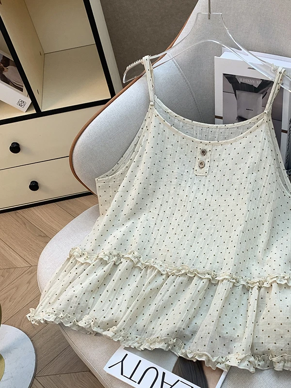

Loose Polka Dot Halter Neck Vest Big Size Women's Summer Lazy Style Splice Wood Grain Print Cotton Polyester Blend