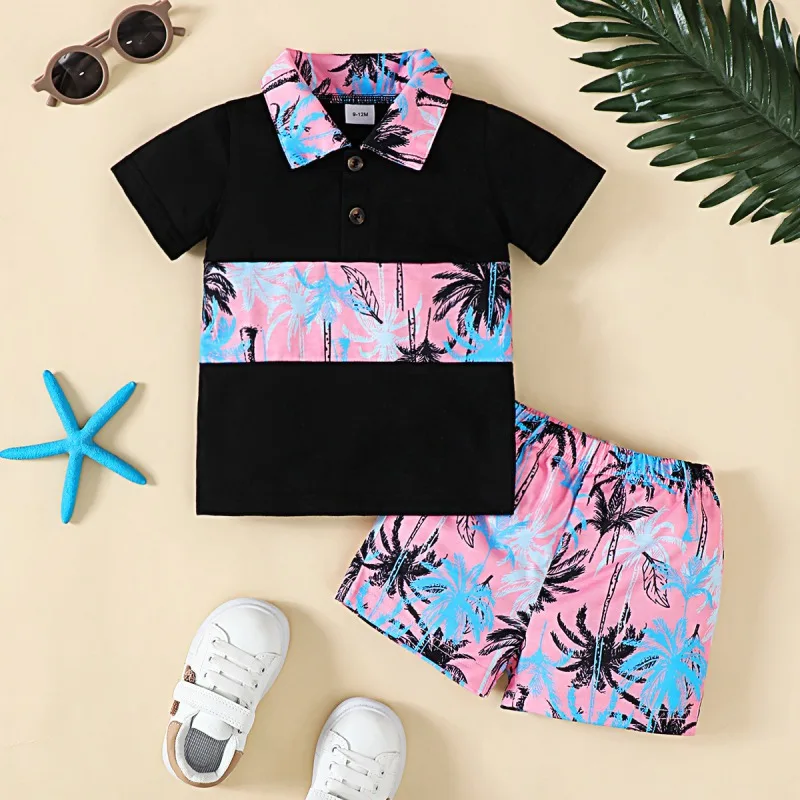 

2Pcs Boys T-Shirts Breeze Seaside Coconut Tree Short Sleeve Top & Elastic Waist Beach Shorts Set Kids Summer Outfits Set