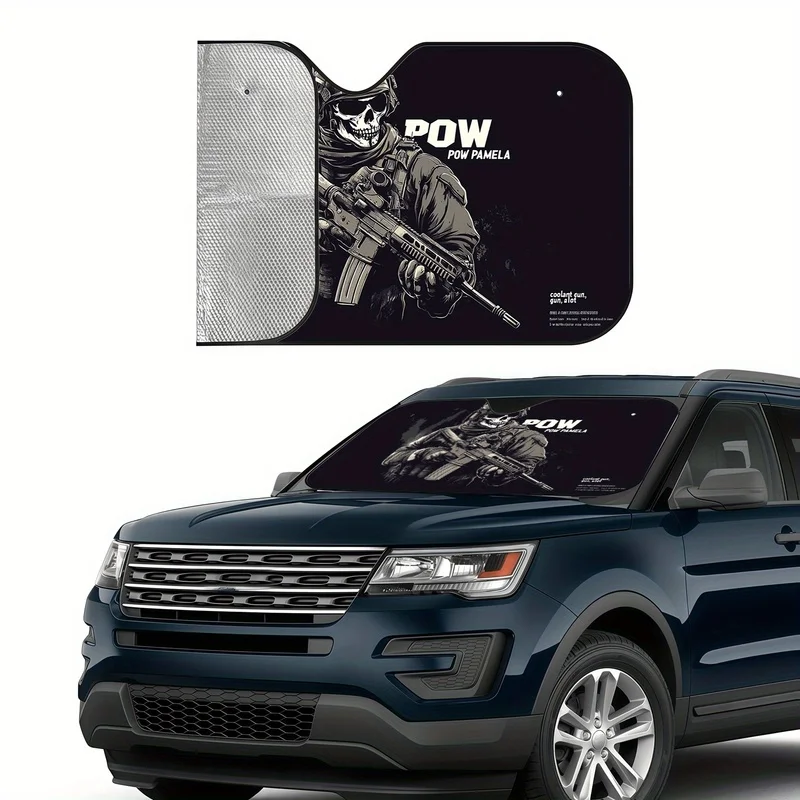 Combat Skull Gun Pattern Sunshade, Heat-Resistant and Scratch-Proof, Reduces Interior Temperature, Includes Mounting Kit