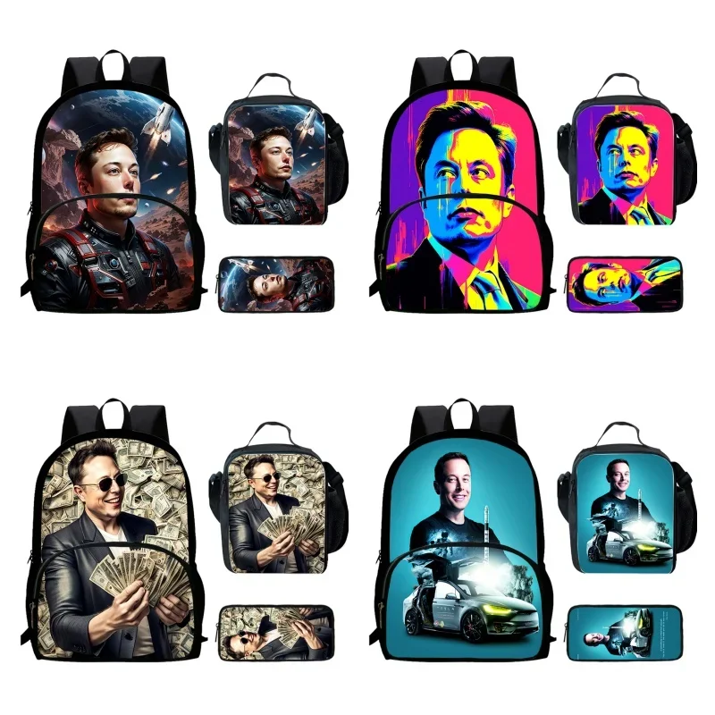 Cartoon Elon Musk Child School Bags with Front Pocket,Lunch Bags,Pencil Bags for Aged 5-10 Anime School Backpack Boys Girls