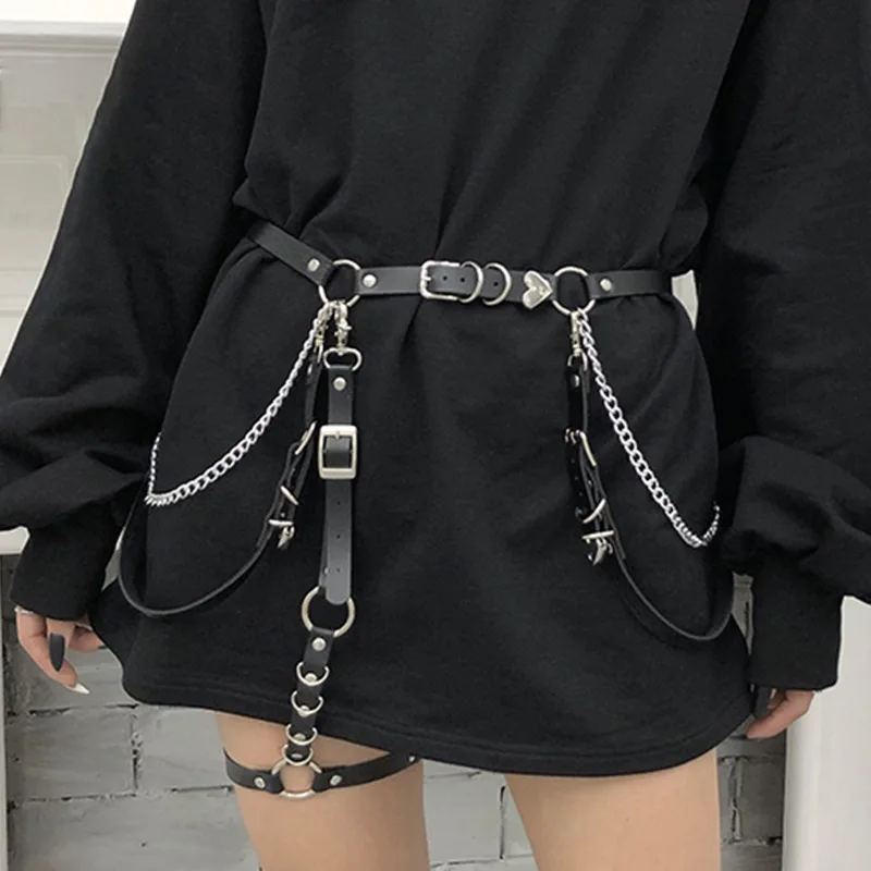 

Women Skirt Belt Female Pu Leather Hiphop Rock Nightclub Sexy Jeans Dress Heart Punk Belt With Metal Waist Chain