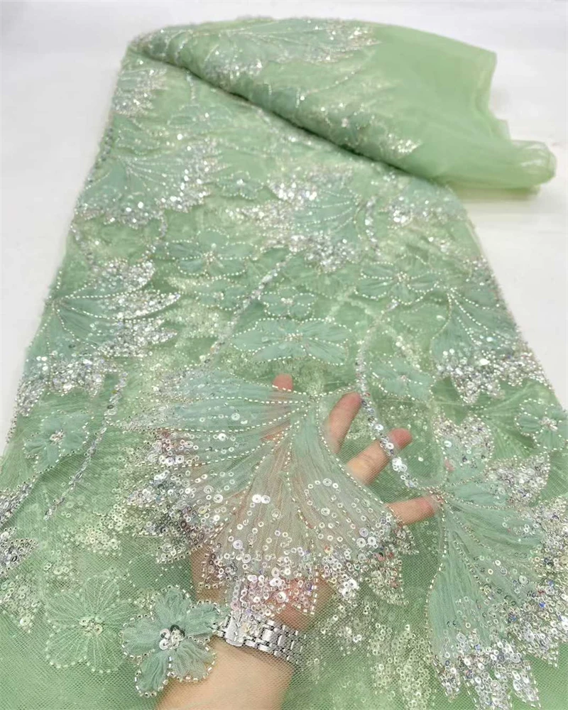 French Net Lace Fabric with Beads Sequins And African Flowers Tulle Mesh for Women's Wedding Party Dresses Custom Tailoring