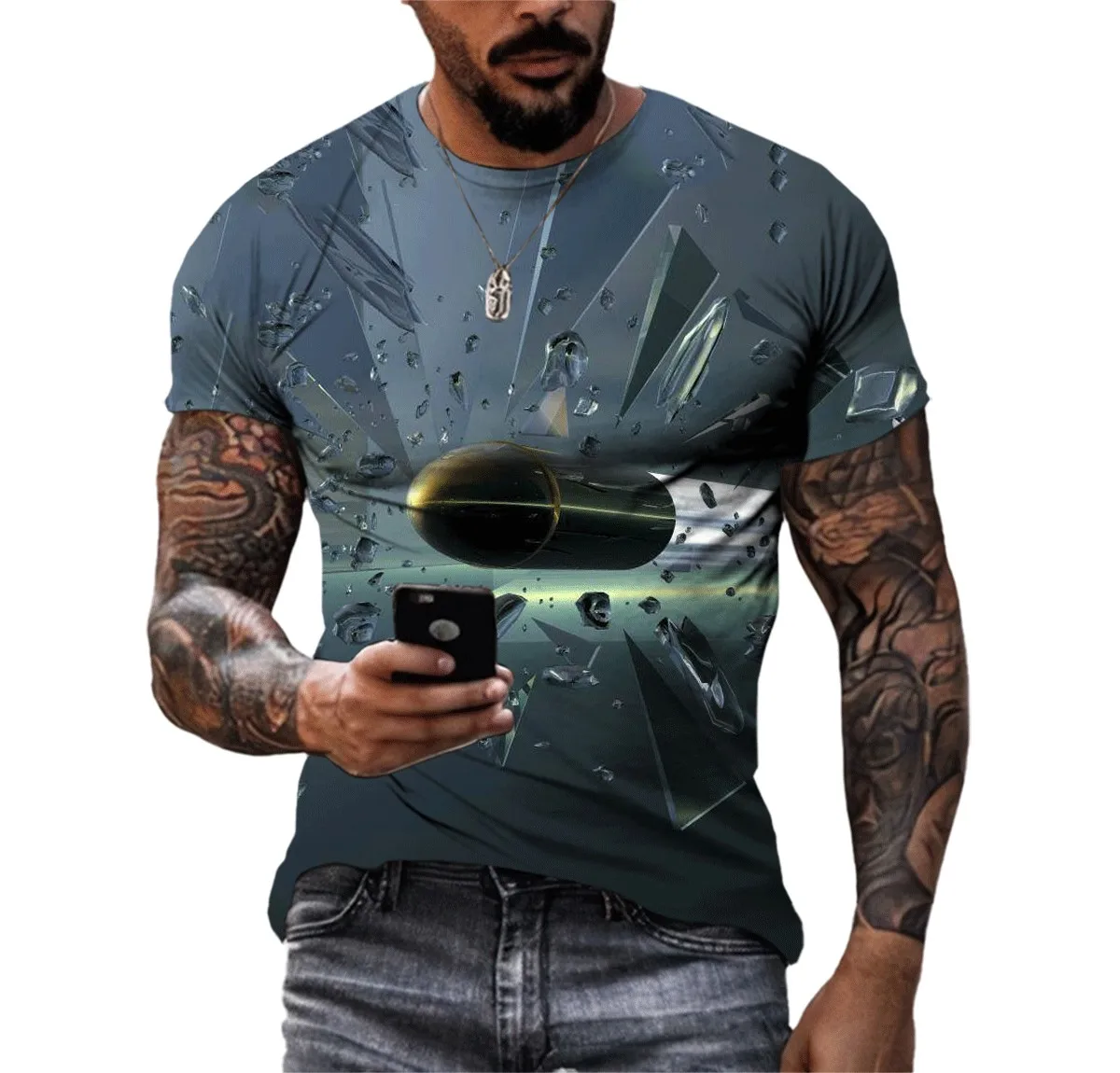 New Creative Summer Men\'s T-shirt Bullet Pattern 3d Printed Tough Guy Style T-shirt Personality Retro O-neck Quick-drying Top