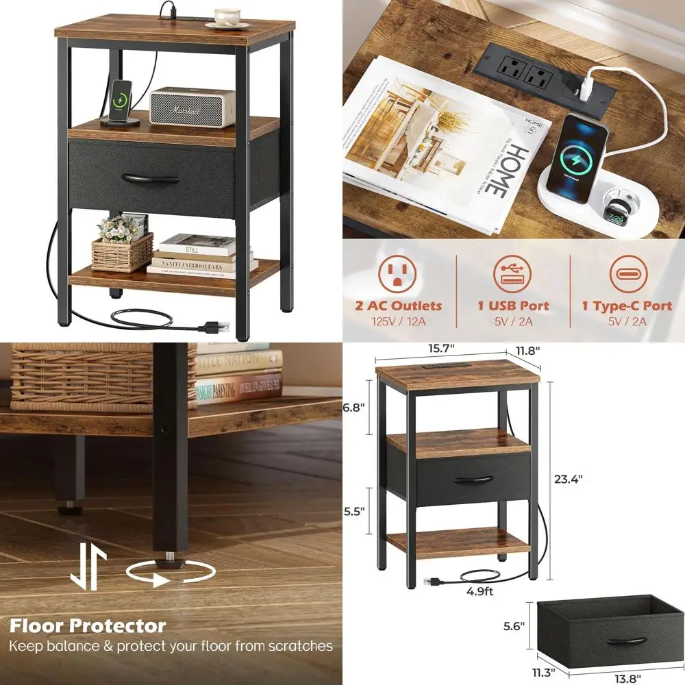 

Bedside Charging Station Table with Adjustable Fabric Shelf, 3-Tier Storage, Rustic Brown & Black