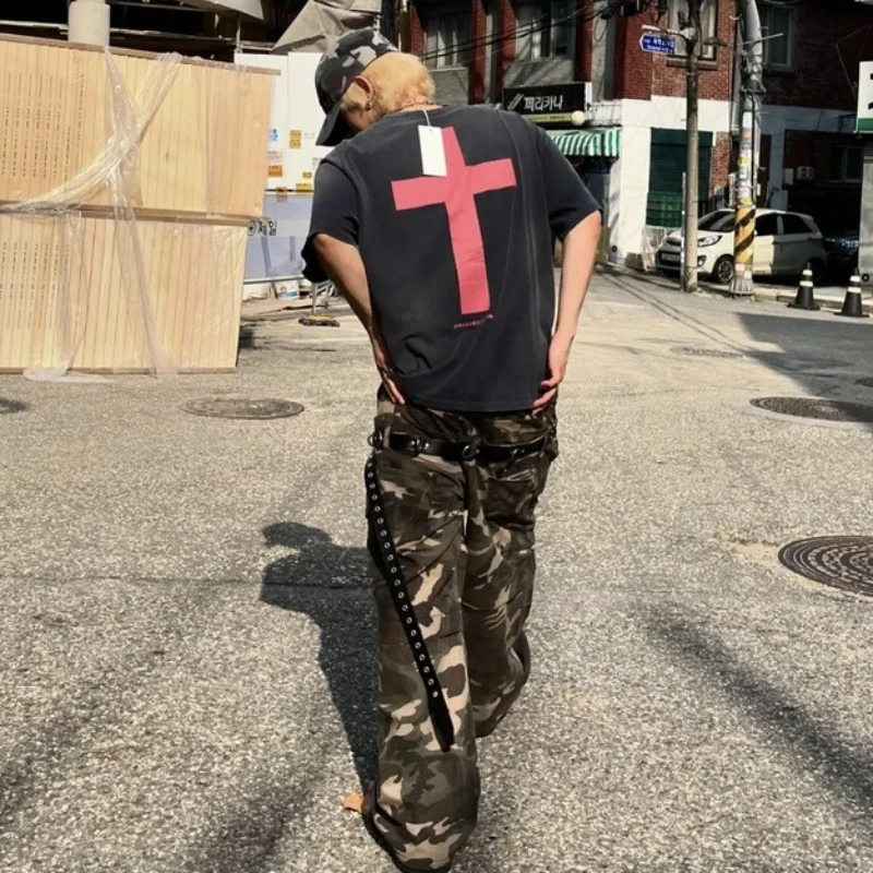 Grailz SS25 100% Cotton Pre-Washed Vintage Streetwear Letter Cross Short-Sleeve T-Shirt for Men and Women