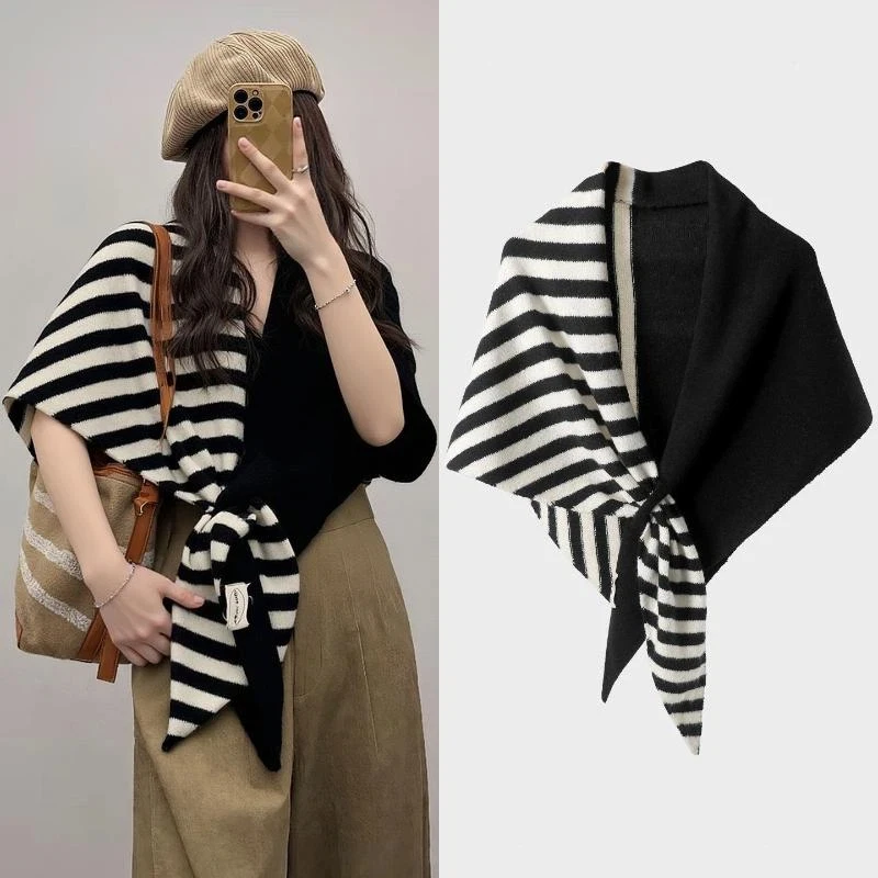 

Шарф в полоску соответствующего цвета для женщин, вязаная большая треугольная шаль, зимняя универсальная вязаная шаль, теплый шарф