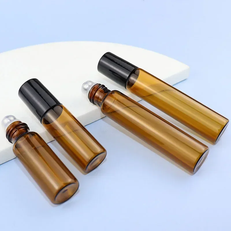 20/30/50Pcs 3/5/10ml Amber Thin Glass Roll on Bottle Essential Oil Vials Sample Test Perfume Bottle With Roller Funnel Syringe