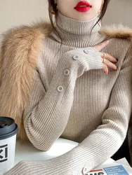 Button Solid Basic Knitted Tops Women Turtlneck Sweater Long Sleeve Casual Slim Pullover Korean Fashion Simple Chic Clothes