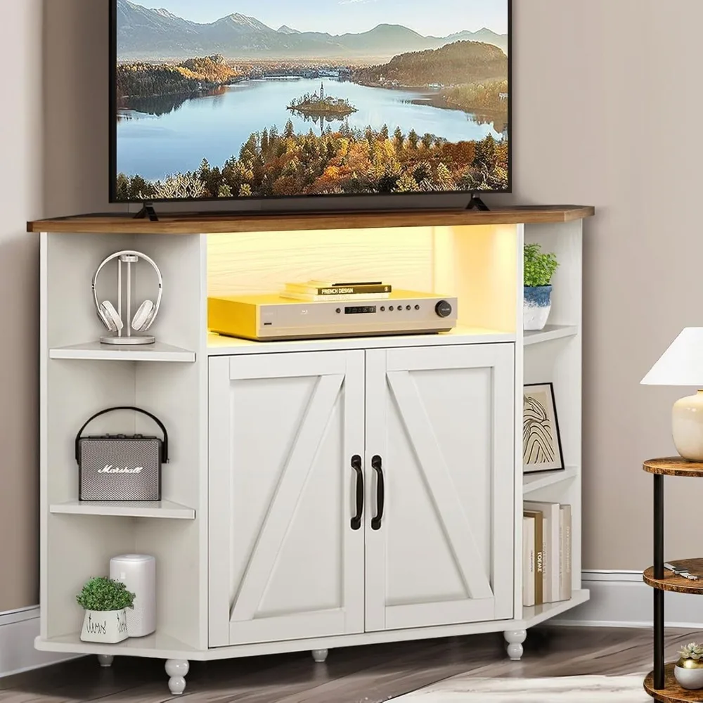 4 Corner TV Stand for 50 Inch TV, Corner Entertainment Center with LED Lights and Adjustable Shelves, Farmhouse