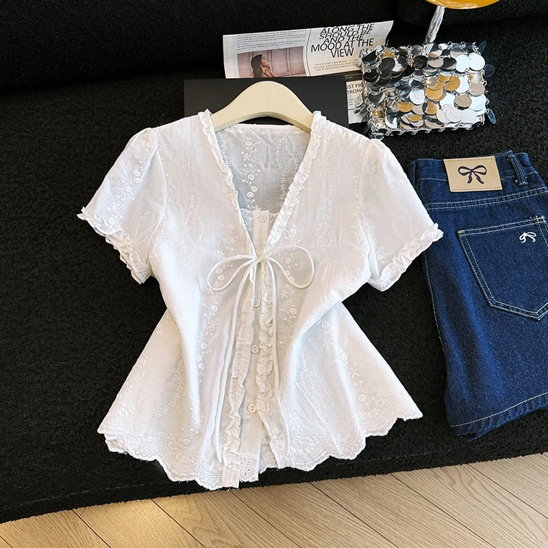 

Elegant Short Sleeve Embroidered Hollow out Shirt Women's Style 2026 New Summer Fashionable Top Breathable Cotton Commute Wind