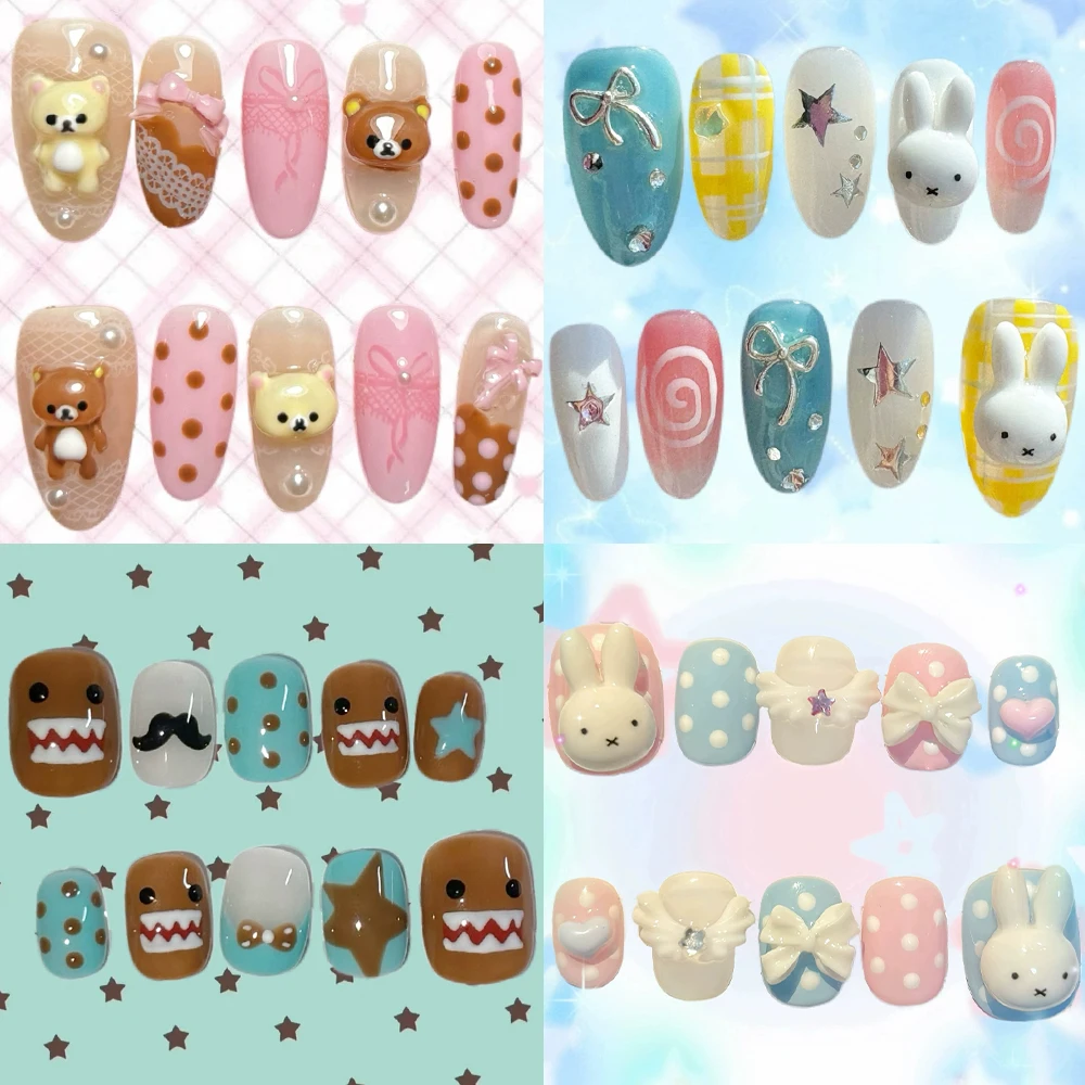 

10Pcs Sweet Lovely Rilakkuma Rabbit Handmade Press On Nails Pearl Bow Flower Strawberry Polka Point Wearable Nail Party Sticker
