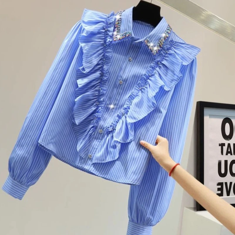 

Heavy Beading Stand Collar Shirt Women Early Autumn Fashion Striped Blusas Mujer 2025 New Ruffles Patchwork Blouses