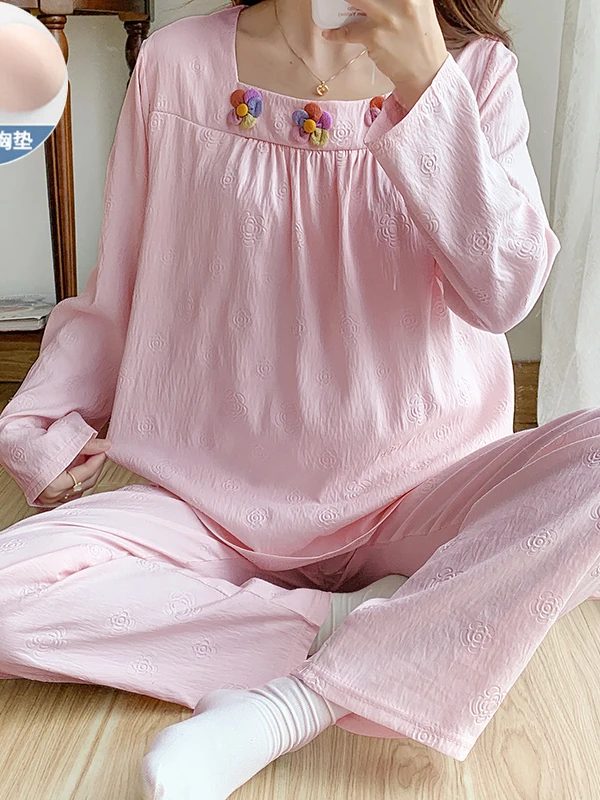 Sweet Floral  Knot Sleepwear with Chest Pad Long Sleeve Home Clothes Set for Girls Spring Autumn Seasonal Wear