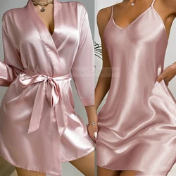 Pink Bride Bridesmaid Wedding Robe Spring Summer Female Sleepwear Kimono Bathrobe Nightgown Loose Silk Satin Home Dressing Gown