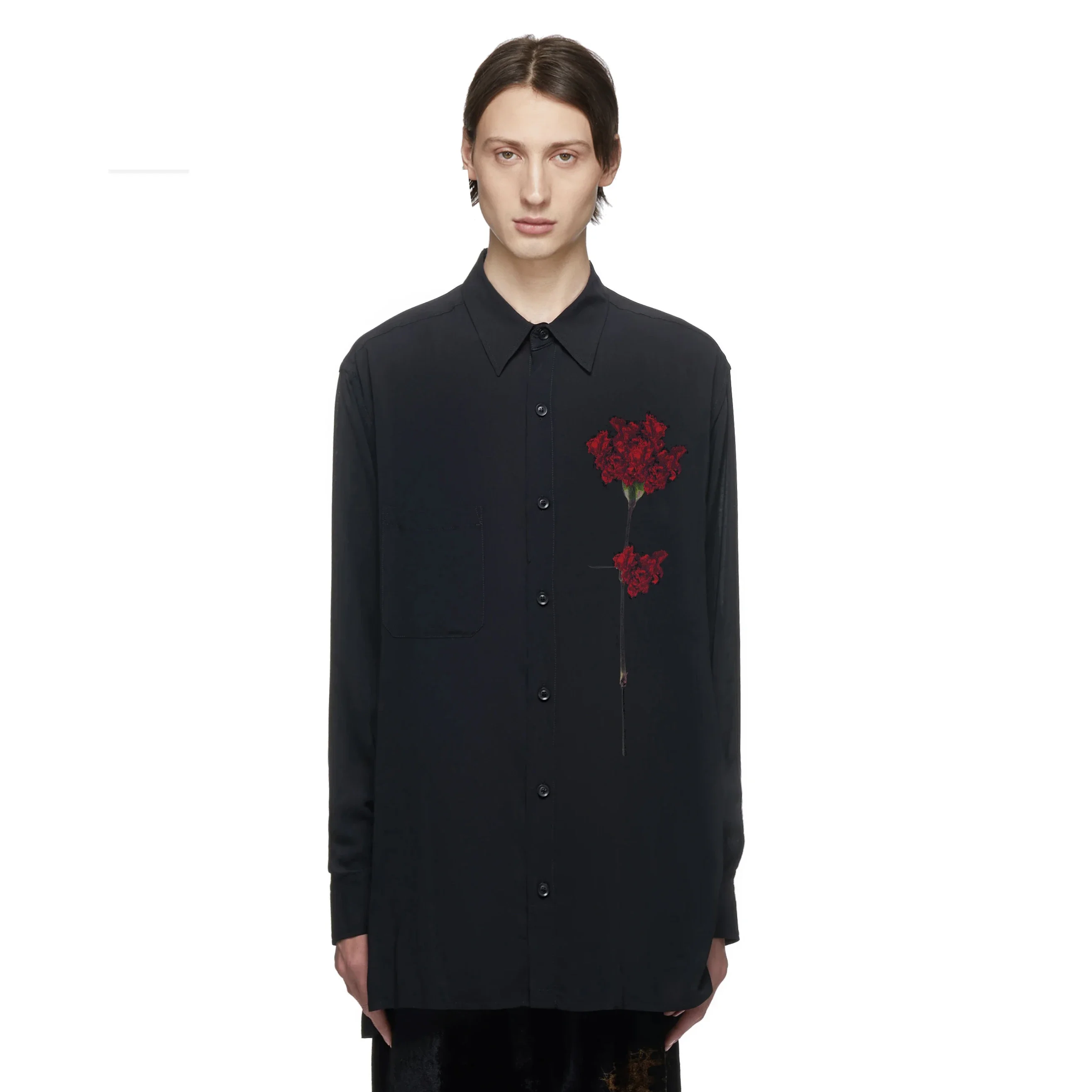 

YOJI OOAK FORM SHIRT Гвоздика Цветок Тенсель Черная дизайнерская повседневная рубашка с принтом