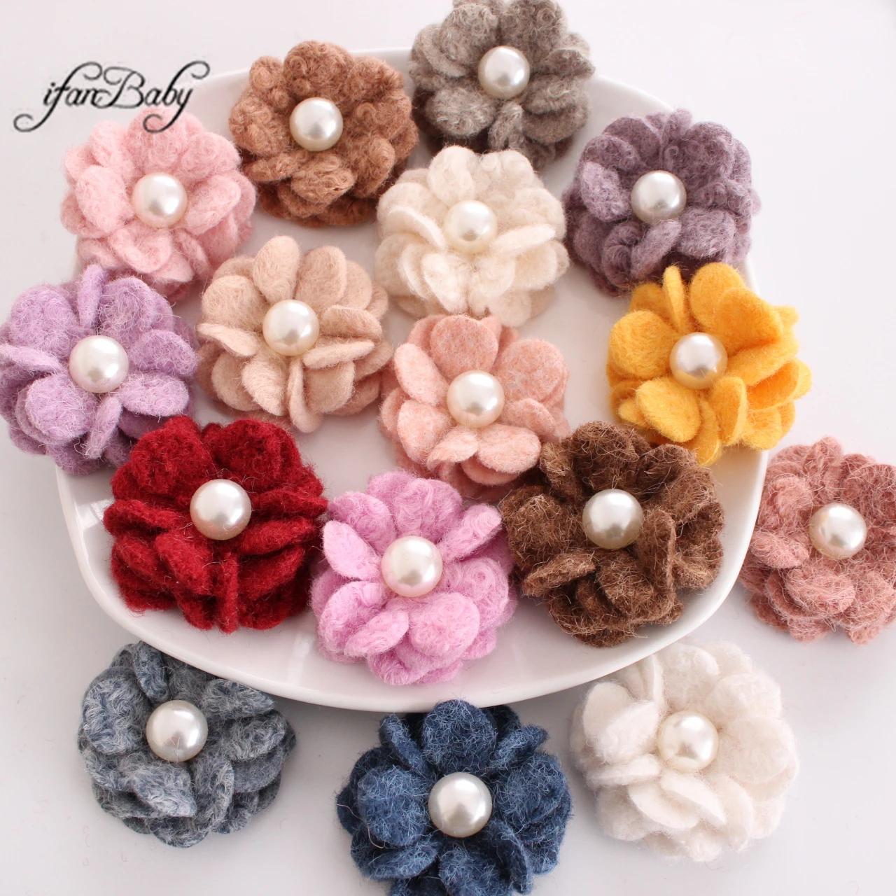 5cm Soft Warmer Wool Fabric Floral Pearl in Center Felt Flowers For Kids Girl DIY Hair Accessories