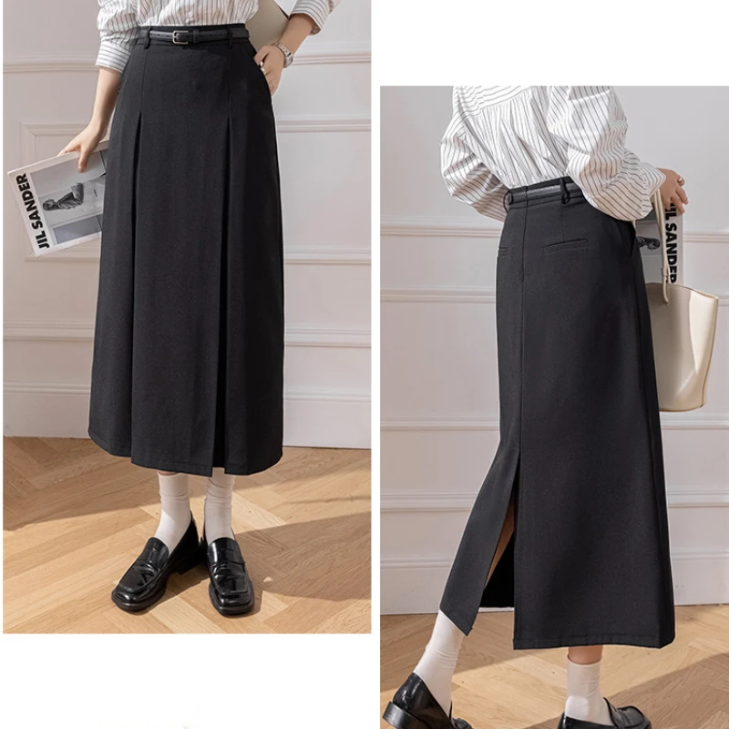 Koreańska moda Wysoka talia A-line Długie spódnice Biuro Panie Elegancka prosta spódnica garniturowa 2025 Nowa wiosna lato Casual Midi spódnice