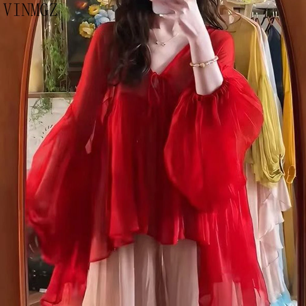 

Pure desire sexy V-neck bubble sleeve top women's loose summer new waist long-sleeved shirt