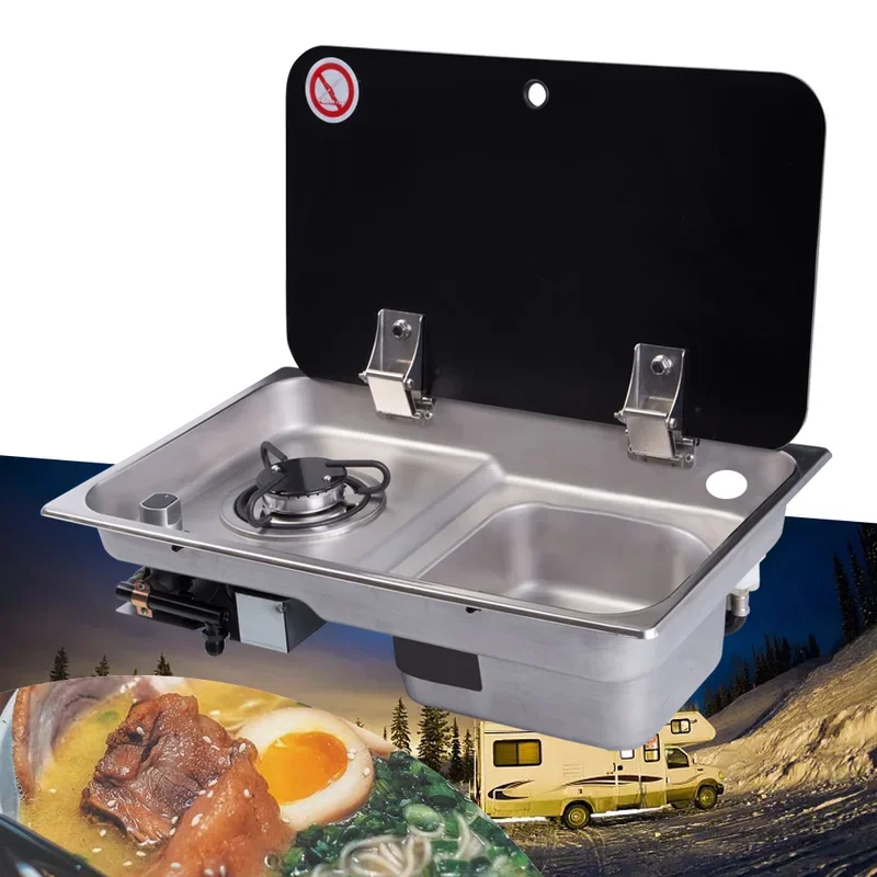 Boat Caravan RV Camper GR-903 1 Burner Gas Stove Hob and Sink Combo w/ Glass Lid 