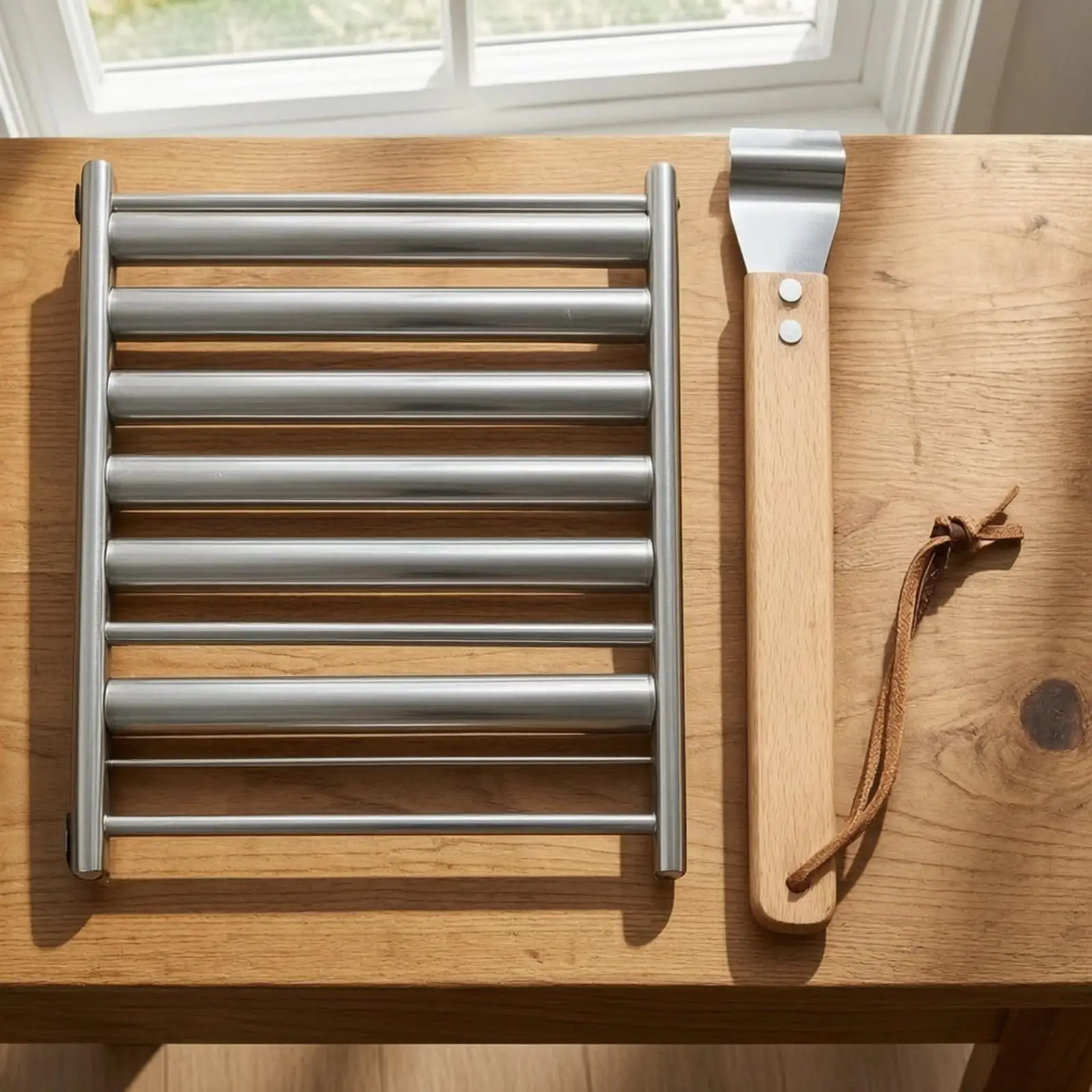 Bratwurst Grill Rack with Wooden Handle | Convenient Metal Hanging Loop, Rolled-Bar Construction, for Camping