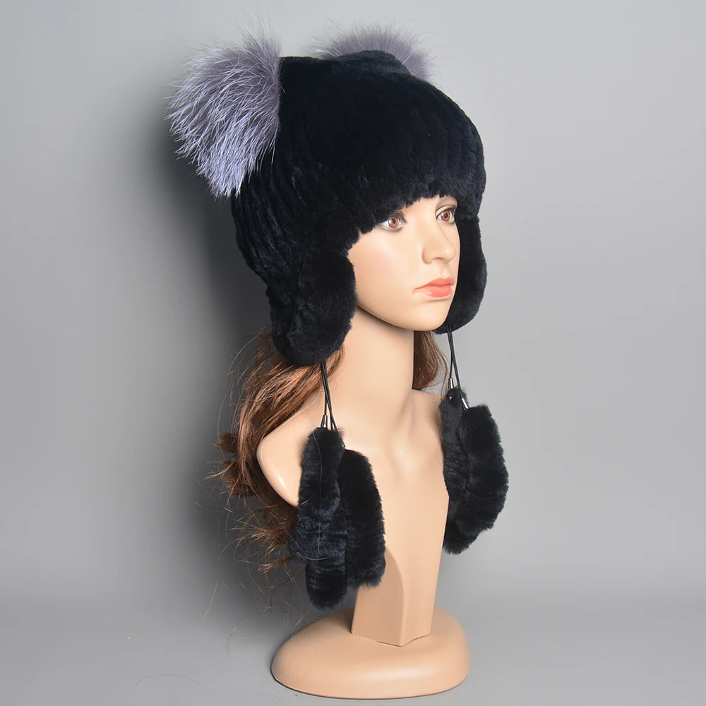 Winter Fur Hat for Women Hat with Ear Real Rex Rabbit Fur Caps Russian Women Bomber Hats Bonnets Trapper Cap Fox Hat Wholesale