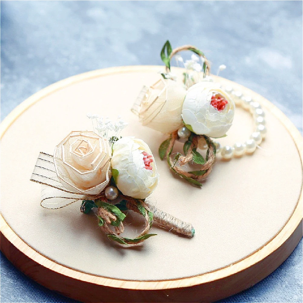 Corsage de pulso para noiva, retrô, flor, pérola, pulseira e boutonniere do noivo, casamento, casal, acessórios de casamento