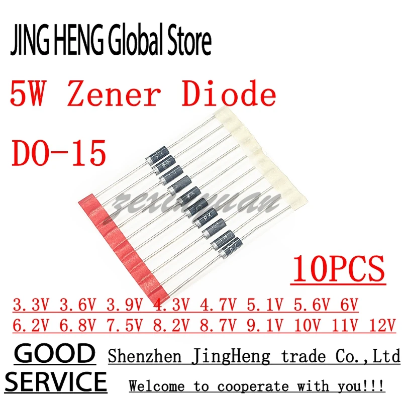 10pcs/lot 5W Zener Diode CASE17 3.3V 3.6V 3.9V 4.3V 4.7V 5.1V 5.6V 6V 6.2V 6.8V 7.5V 8.2V 8.7V 9.1V 10V 11V 12V 1N5333B~1N5349B