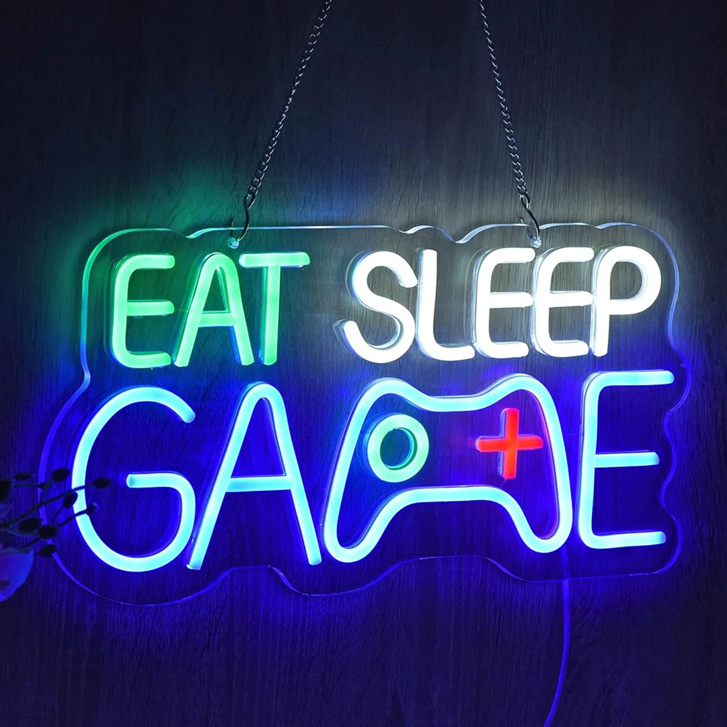 يتميز ضوء النيون في غرفة الألعاب بتصميم رائع وحيوي، مثالي لتزيين إعدادات الألعاب أو المناطق الترفيهية. فكرة