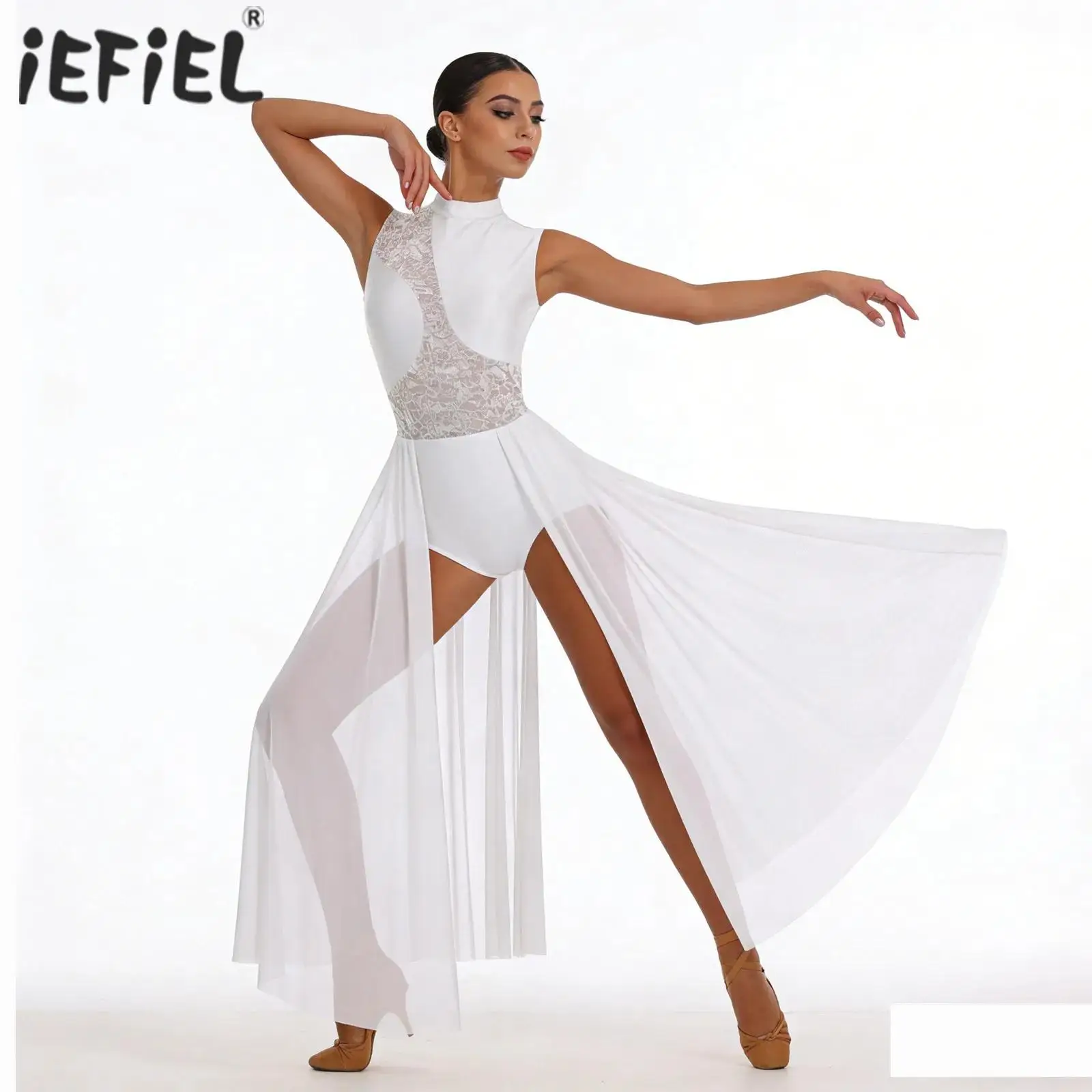 Robe de danse lyrique et de gymnastique pour femmes, sans manches, en dentelle et maille, costume de performance contemporaine, tenue de danse transparente en maille pour adultes