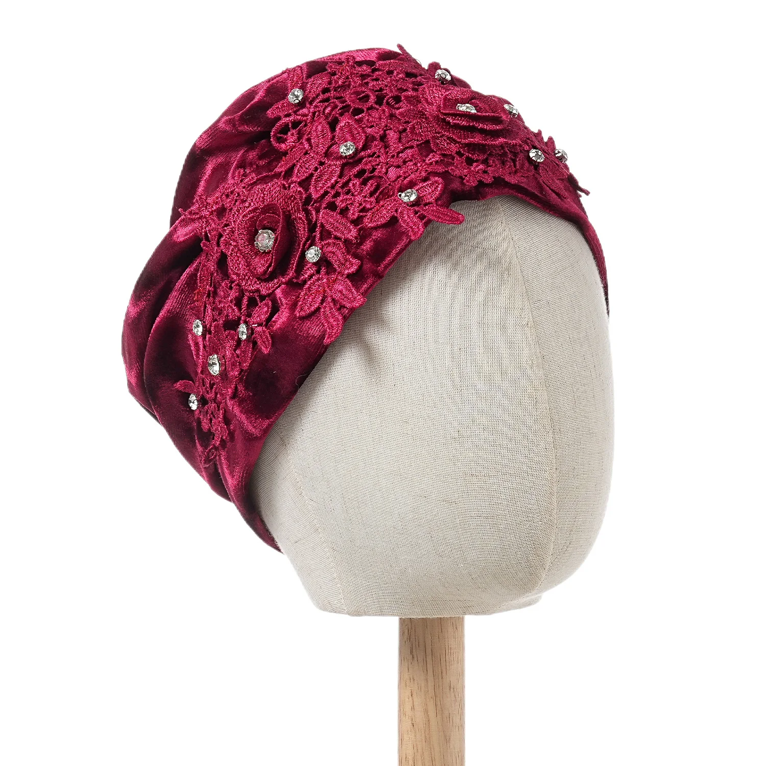 Blumenstickerei-Turban-Mütze für Damen, modische Kopfbedeckung, Samt-Moschehausschlag, Bonnet, Turbante Mujer – Detail 8