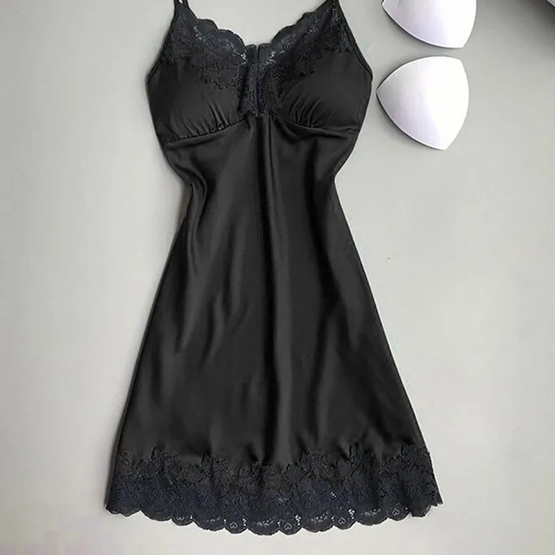 Lencería Sexy de seda para mujer, de retazos de encaje vestido de noche, Mini vestido de noche con tirantes finos, ropa de dormir con almohadillas