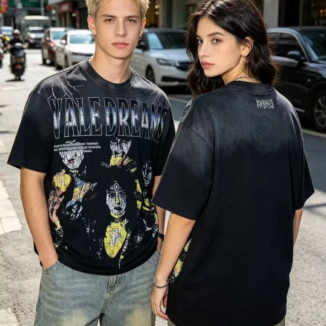 Vale Valley American Trendy Brand Cotton Short Sleeve T-Shirt Vintage Washed Print High Street Style Youthful Summer Top