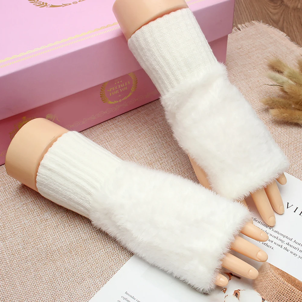 Women Imitation Mink Hair Plush Gloves Simple Solid Color Touch Screen Half Finger Mittens Winter Warm Outdoor Stretch Gloves