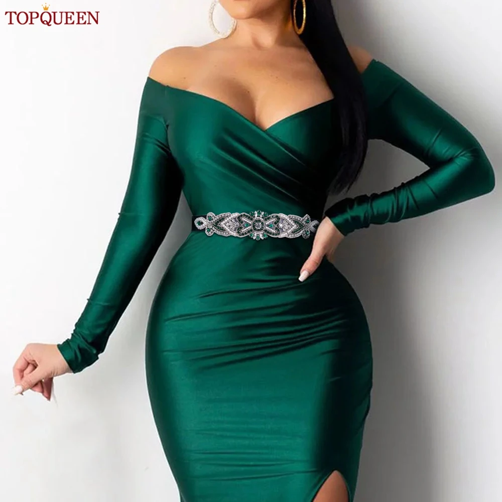 

TOPQUEEN Women's Elastic Waistband Dress Belt Coat Waist Decoration Emerald Stone Jewelry Corset Belt Corset Accessories S208KL